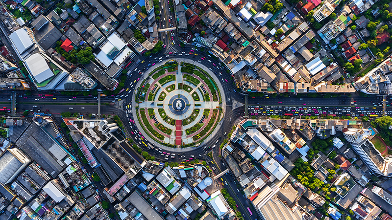 Road roundabout with car lots in Bangkok,Thailand.